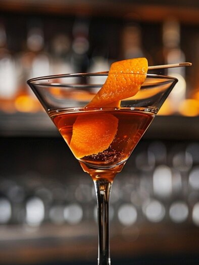 Bar drink with orange peel in a martini glass with drink bottles in the background | © Midjourney-Benedikt Trummer