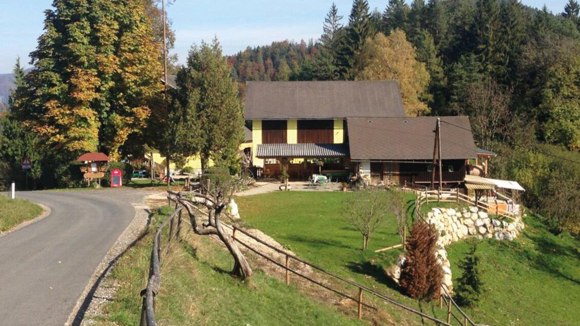 Ein idyllisches Landhaus umgeben von Bäumen und Wiesen. Die Straße verläuft ruhig entlang des Grundstücks. | © TV Region Graz - Lunghammer