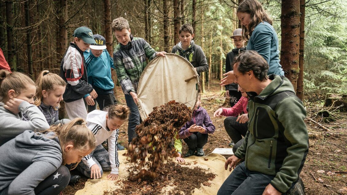 Eine Gruppe von Kindern und Betreuern im Wald, die gemeinsam den Boden untersuchen. Sie betrachten eine Sammlung von Laub und natürlichen Materialien auf einer Decke. | © Stefan Leitner