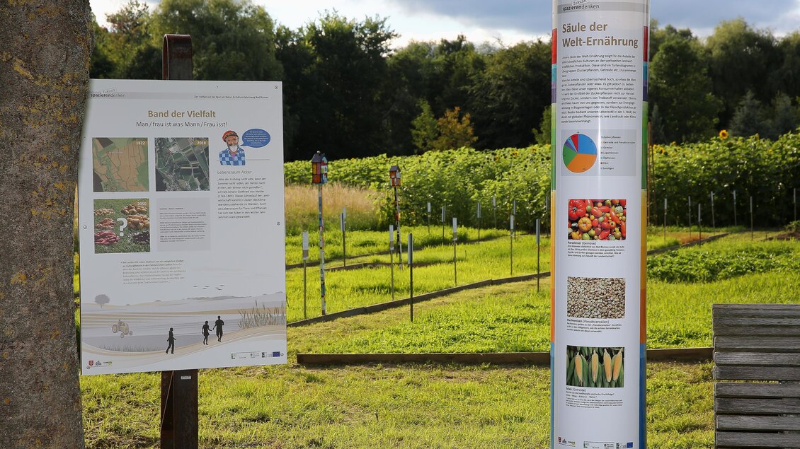 Ein Informationsbereich in einem Garten mit zwei Schautafeln. Im Hintergrund sind grüne Felder mit Pflanzen und Bäumen zu sehen. | © Kurkommission Bad Blumau