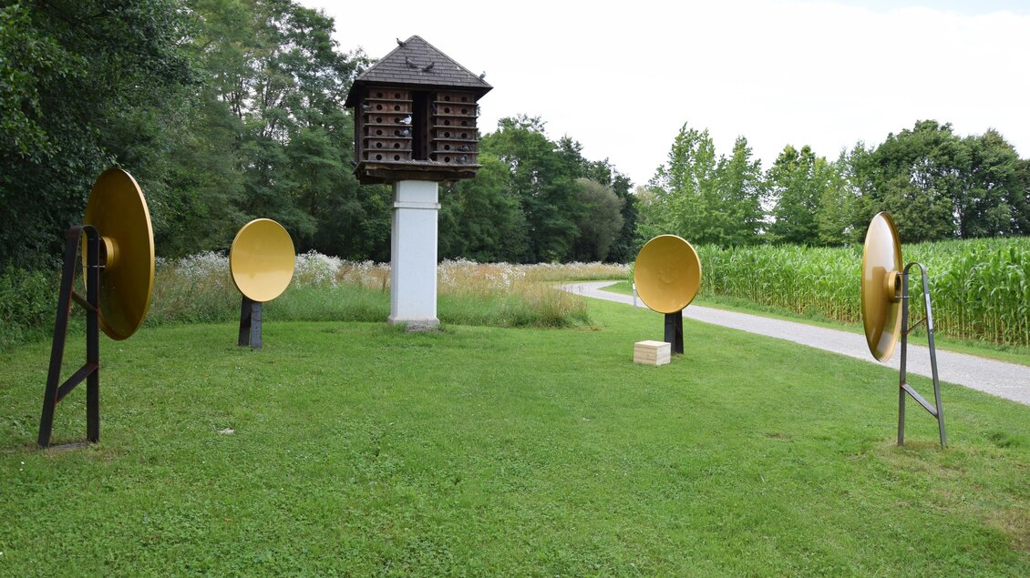 Eine künstlerische Installation in einem grünen Feld. Im Hintergrund befindet sich ein hoher Kasten mit mehreren goldenen Schalen darum herum. | © Franz Spörk