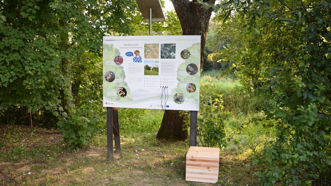 Ein Informationsschild steht in einer grünen Umgebung. Es bietet Hinweise zur Natur und zeigt Bilder von Pflanzen und Tieren. | © Franz Spörk