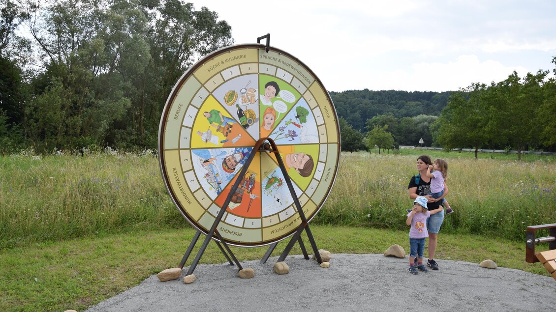 Ein großes Glücksrad steht auf einer Wiese. Zwei Kinder und ein Erwachsener stehen davor und schauen gespannt darauf. | © Franz Spörk