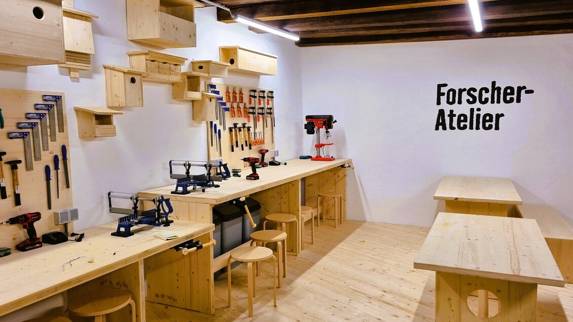 Ein helles Forscher-Atelier mit Holzarbeiten und Werkzeugen. Die Wände sind mit Regalen und verschiedenen Werkzeugen ausgestattet.