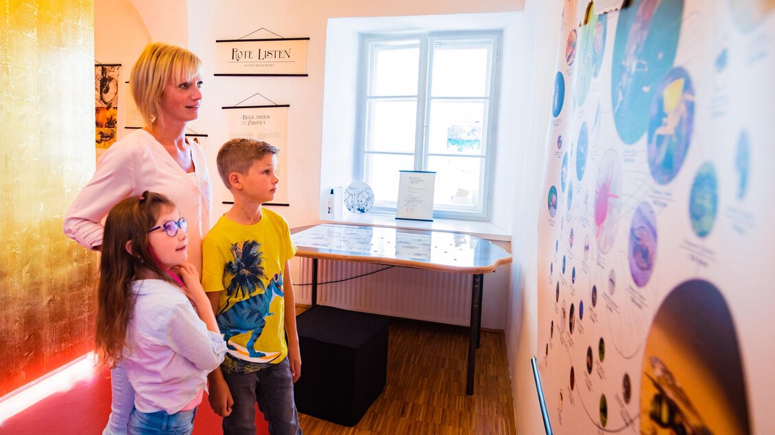 Eine Mutter steht mit zwei Kindern vor einer Wand mit Informationen. Sie schauen fasziniert auf eine Präsentation über den Weltraum. | © Tourismusverband Murau