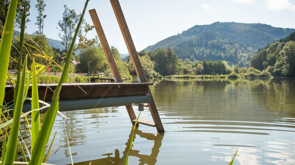 Ein ruhiger See mit einem Steg und klarem Wasser. Die Sonne strahlt über die umliegenden Berge und das Ufer ist von grünen Pflanzen umgeben. | © Markus Auer