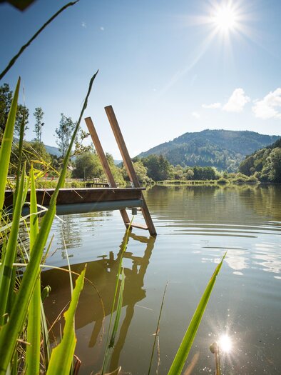 A calm lake with a dock and clear water. The sun shines over the surrounding mountains and the shore is surrounded by green plants. | © Markus Auer