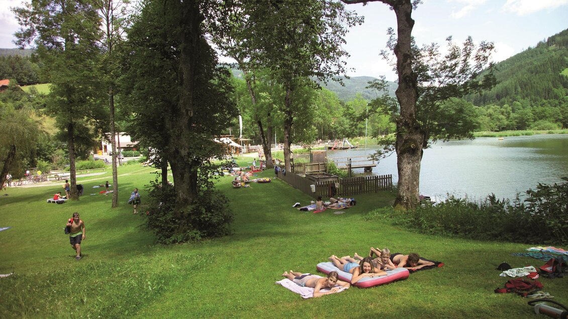 Eine ruhige Wiese am Ufer eines Sees, umgeben von Bäumen. Einige Personen entspannen auf Liegen und genießen die Natur.
