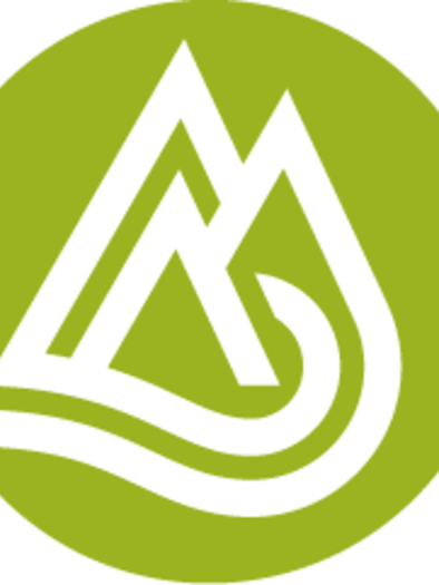 A stylized logo with mountains and water waves in a green circle. It symbolizes nature and adventure.