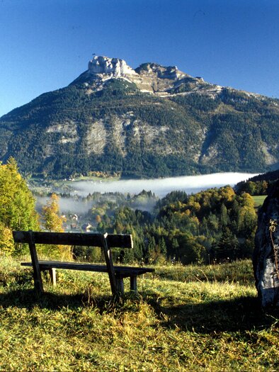 Ein schöner Ausblick auf die Berge mit sanften Hügeln und dichten Wäldern. Eine Bank auf der Wiese lädt zum Verweilen ein. | © TVB Ausseerland - Salzkammergut/Pirker