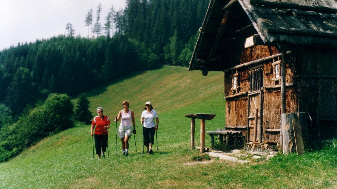 Drei Personen wandern auf einer Wiese neben einer kleinen Hütte in den Bergen. Im Hintergrund sind grüne Wälder und sanfte Hügel sichtbar.