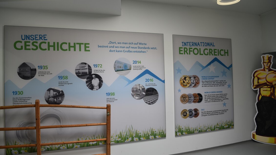 Zwei informative Wandtafeln über die Geschichte und Erfolge eines Unternehmens. Auf der linken Seite werden historische Daten aufgelistet, während die rechte Seite internationale Erfolge zeigt. | © Selina Senft