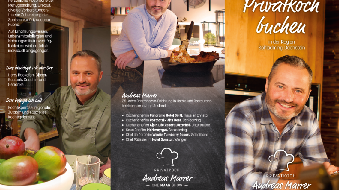 Eine ansprechende Broschüre für einen Privatkoch. Sie zeigt den Koch in einer gemütlichen Umgebung mit frischen Zutaten und gastronomischen Details.