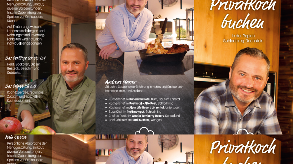 Ein Flyer für einen Privatkoch mit Informationen über Dienstleistungen und Angebote. Die Abbildung zeigt einen lächelnden Koch in einer gemütlichen Küchenszene.