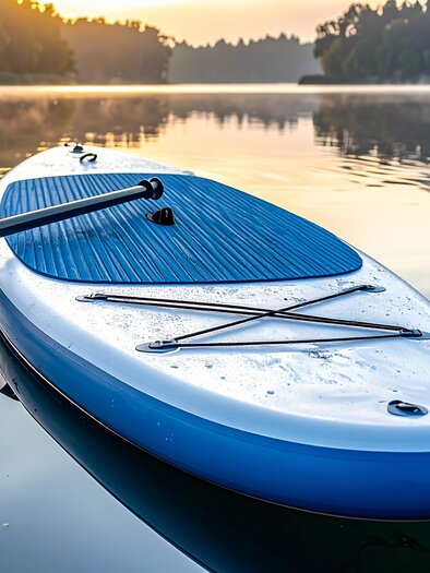 Stand-up-Paddle-Board mit Paddel auf ruhigem See bei Sonnenaufgang | © Firefly - Benedikt Trummer