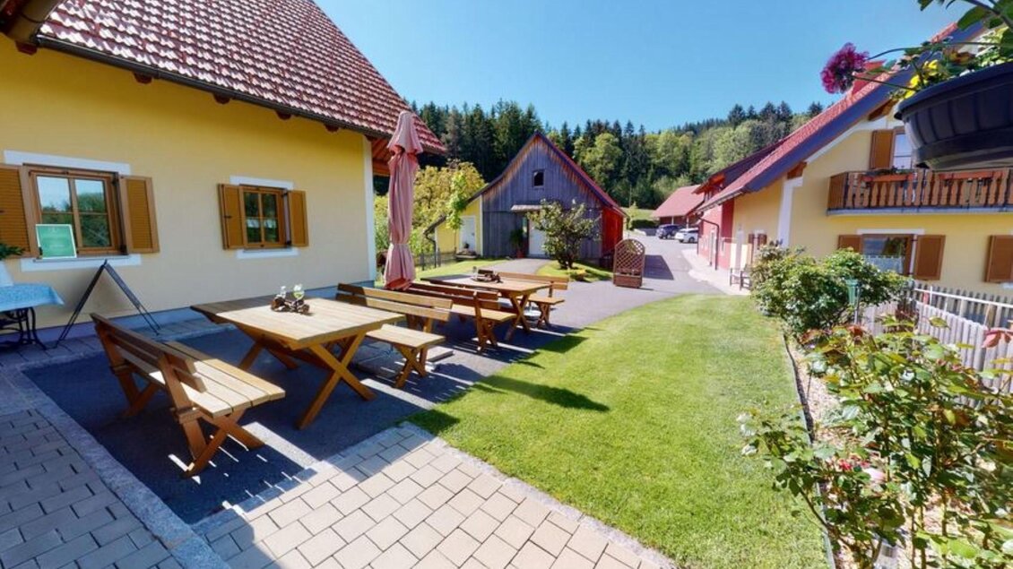 Ein einladender Garten mit Holztischen und Bänken, umgeben von bunten Häusern. Im Hintergrund sind Bäume und ein klarer Himmel zu sehen. | © Helga & Robert | Panoramaschenke Kure