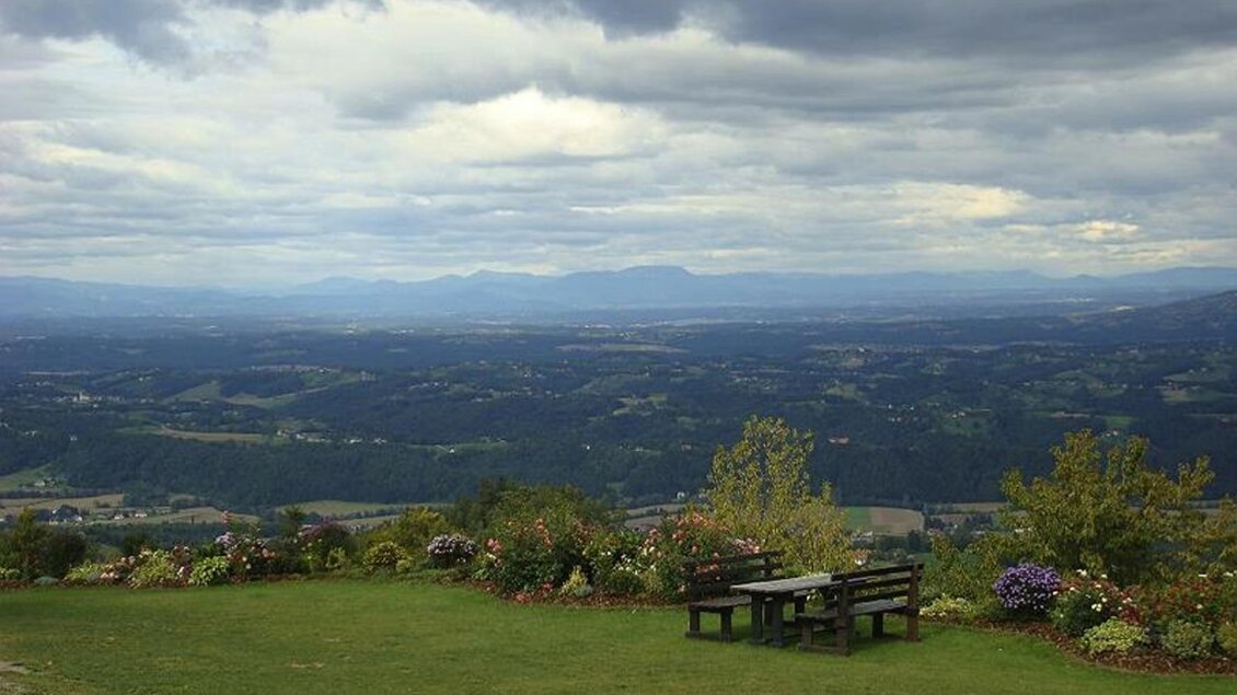 Eine malerische Landschaft mit grünem Wiese und Blick auf das Tal. Über dem Himmel ziehen graue Wolken auf. | © Panoramaschenke Tertinek | Fam. Tertinek