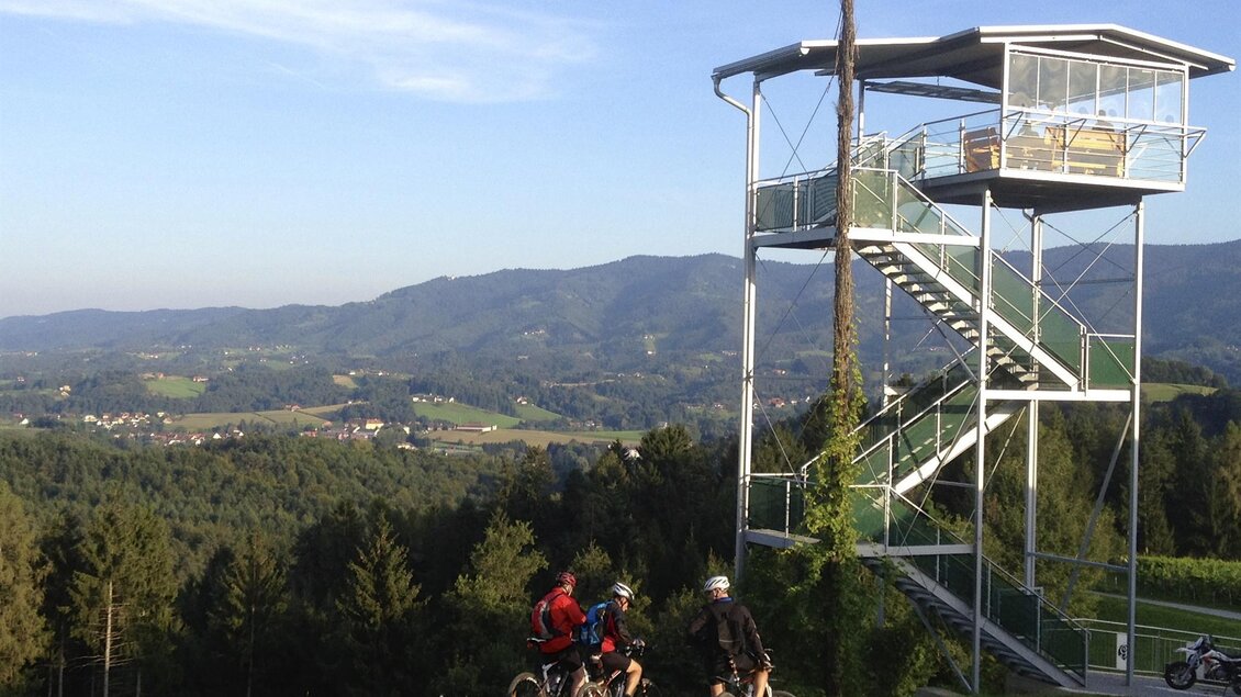 Drei Radfahrer stehen auf einem Weg und blicken auf eine Aussichtsterrasse. Im Hintergrund sind Berge und ein klarer Himmel zu sehen. | © Panoramaturm - Wollschweinwanderung Garber