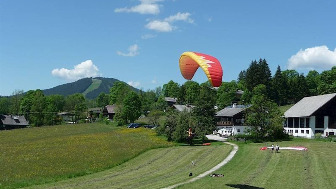 Ein Paraglider schwebt über eine grüne Wiese mit Häusern und Bäumen im Hintergrund. Die Landschaft ist von blauen Himmel und wenigen Wolken umgeben. | © Flugschule Aufwind 