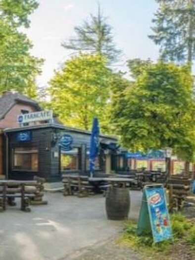 A cozy restaurant in a forest area with many trees.  
There are tables outside and sunny spots under blue umbrellas. | © Parkcafé