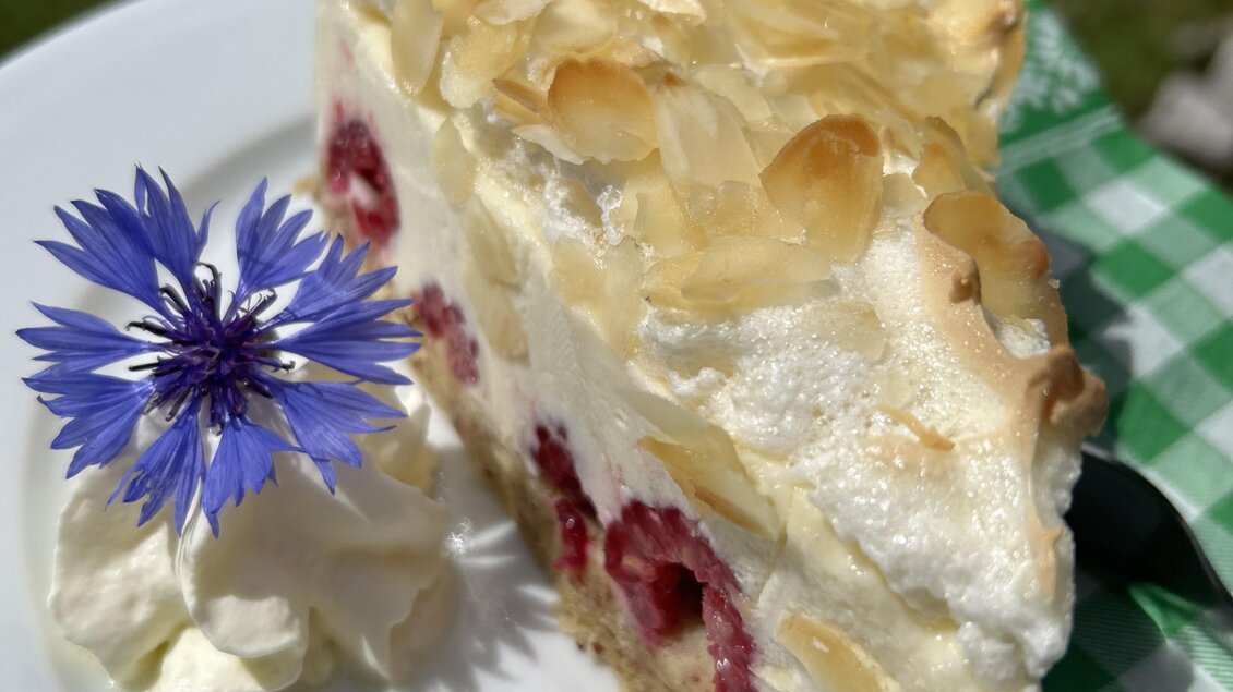 Ein Stück Torte mit Sahne und Himbeeren, dekoriert mit Mandeln und einer Blume. Der Teller liegt auf einem grün karierten Tuch im Freien. | © Theresa Perner