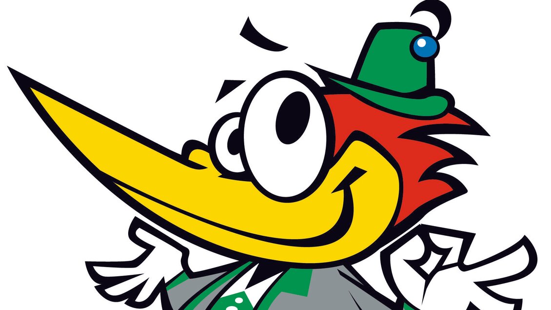 Ein lustiger, cartoonartiger Vogel mit rotem Gefieder und einer grünen Jacke. Der Text deutet auf Genuss und kulinarische Erlebnisse in Schladming hin. | © Genuss-Specht-Wirte