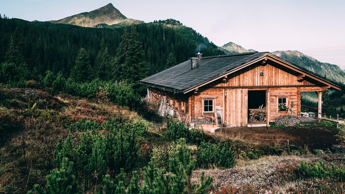 Eine gemütliche Holzhütte in einer malerischen Berglandschaft. Grüne Wiesen und Berge umgeben die Hütte im Hintergrund. | © Armin Walcher
