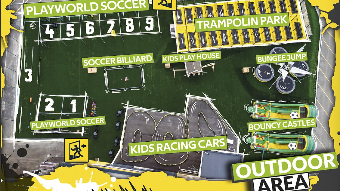 Eine Übersichtskarte des Außenbereichs mit verschiedenen Aktivitäten für Kinder. Zu sehen sind Playworld Soccer, ein Trampolinpark, eine Spielhütte und weitere Attraktionen. | © Playworld Spielberg
