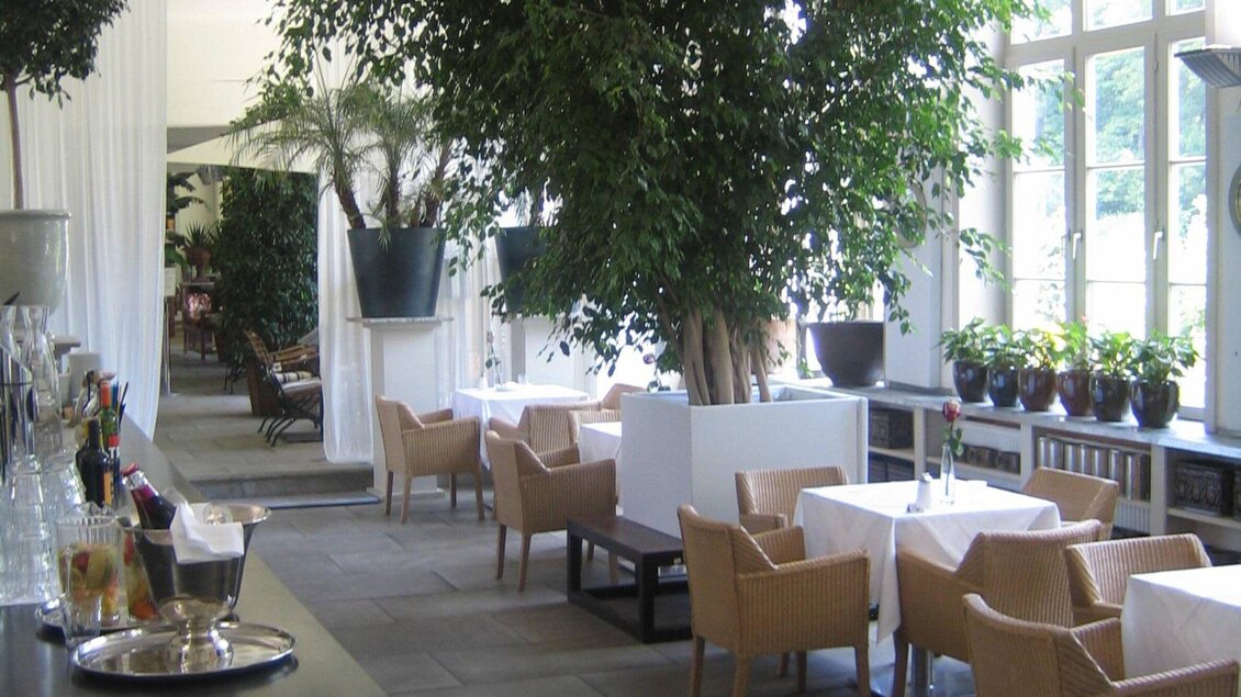 Ein eleganter Innenraum mit hellen Tischen und bequemen Stühlen. Große Fenster lassen viel Tageslicht hinein und viele Pflanzen sorgen für eine angenehme Atmosphäre. | © Purberg