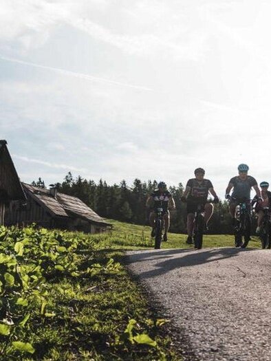 Four cyclists are riding on a path in nature. In the background is an old barn and the sky is clear. | © Auszeit Ausseerland