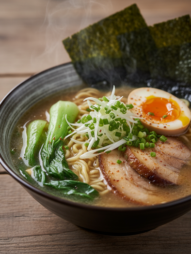 Bowl of steaming ramen soup, egg, pork, bok choy, spring onions, and nori sheets | © Firefly