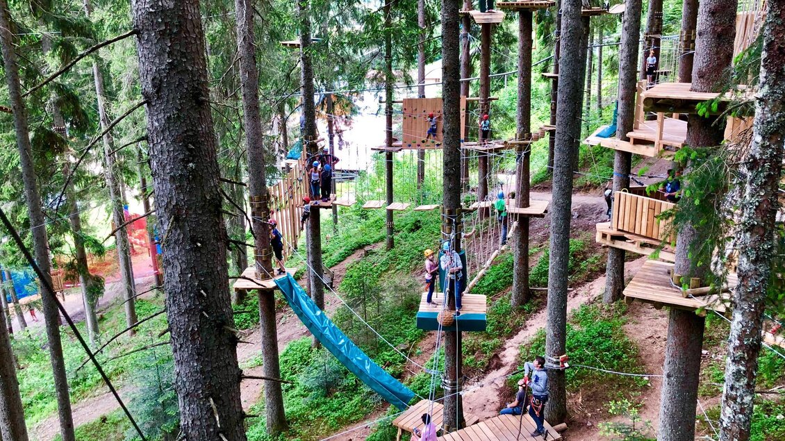 Ein Kletterpark in einem Wald mit schmalen Holzbrücken und Plattformen zwischen den Bäumen. Menschen genießen die Aktivitäten in der Natur. | © Hans-Peter Steiner
