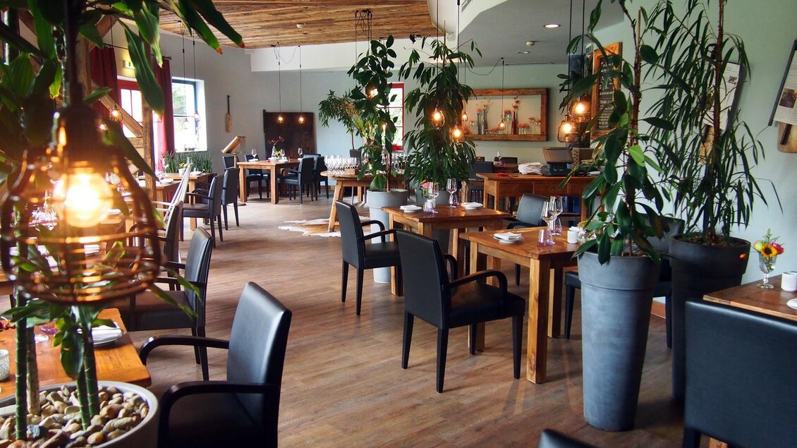 Ein gemütliches Restaurant mit Holzboden und Pflanzen. Die Tische sind gedeckt und die Beleuchtung schafft eine einladende Atmosphäre. | © Rogner Bad Blumau