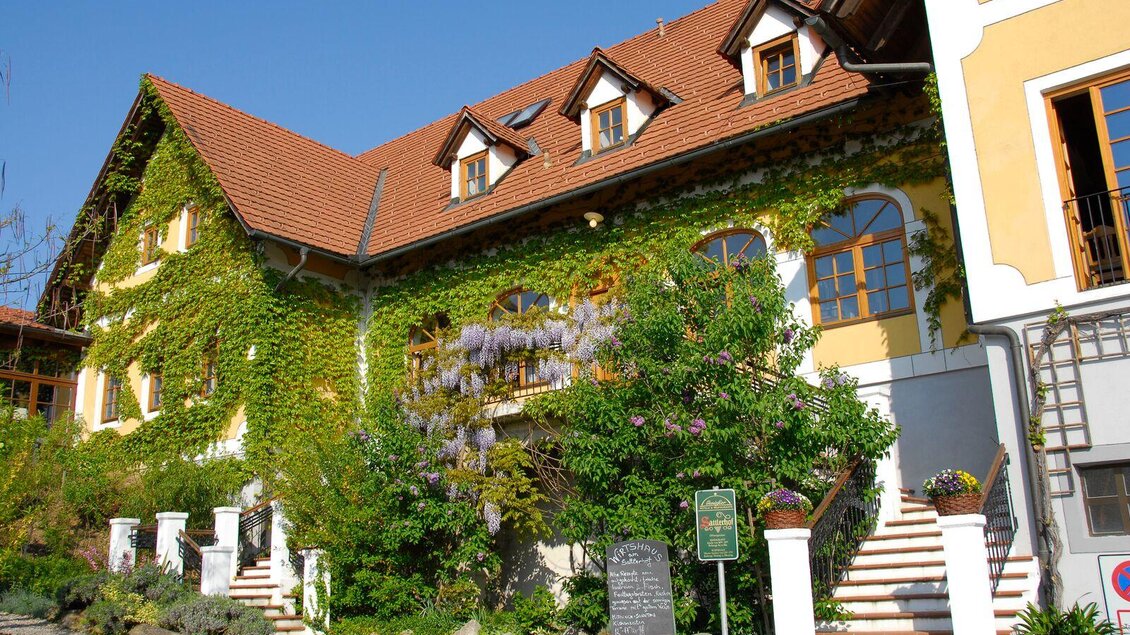 Ein charmantes Gebäude mit einer bewachsenen Fassade und bunten Blumen. Der Himmel ist klar und blau, was eine einladende Atmosphäre schafft. | © Sattler