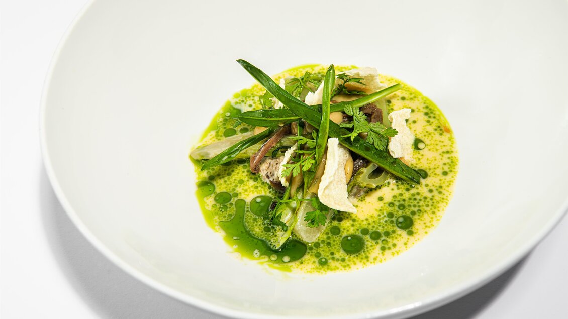 Ein elegantes Gericht in einer weißen Schüssel, bestehend aus verschiedenen grünen Kräutern und Gemüse in einer lebhaften Brühe. Die ansprechende Präsentation zeigt eine kreative kulinarische Komposition. | © Die Abbilderei