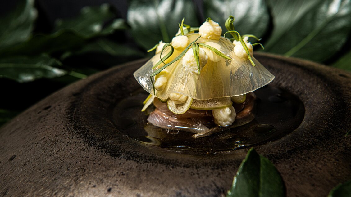 Ein kunstvoll angerichtetes Gericht im Restaurant Wörgötter Ligist, mit transparentem Gemüse, Kräutern und einer feinen Soße auf einem dunklen Teller. | © Restaurant Wörgötter, Die Abbilderei