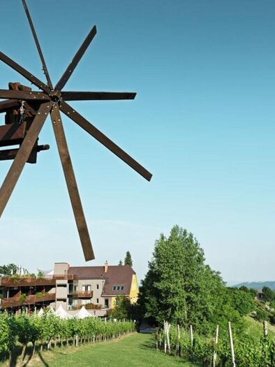 A picturesque vineyard with an old windmill in the foreground. In the background, there is a house and gentle hills under a clear sky. | © Weingartenhotel