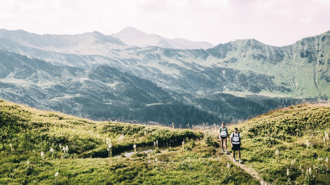 Zwei Wanderer gehen auf einem Pfad durch eine grüne Berglandschaft. Im Hintergrund sind sanfte Hügel und eine malerische Aussicht zu sehen. | © Armin Walcher