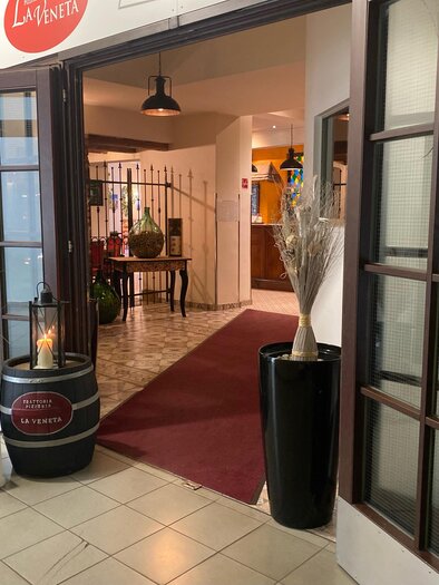 An inviting entrance area with double doors and decorative plants. The floor is tiled, and the interior is well-lit. | © Francesco Basso