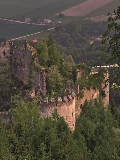 Eine alte Burgruine umgeben von grünen Bäumen. Im Hintergrund sind sanfte Hügel und eine ländliche Landschaft sichtbar. | © Markus Beren