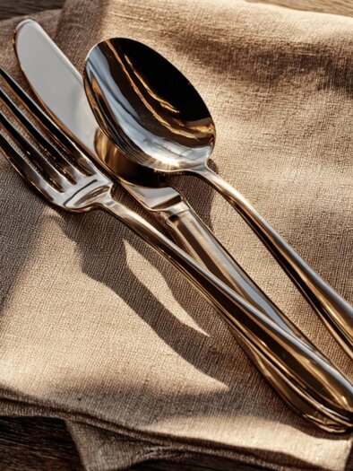 Cutlery set consisting of knife, fork, and spoon on beige fabric napkin on wooden table – close-up, daylight | © Midjourney - Benedikt Trummer