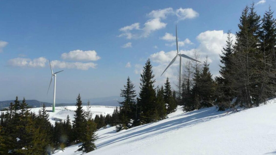Eine verschneite Landschaft mit hohen Tannen und Windrädern. Der Himmel ist blau mit einigen Wolken. | © Salzstieglhaus