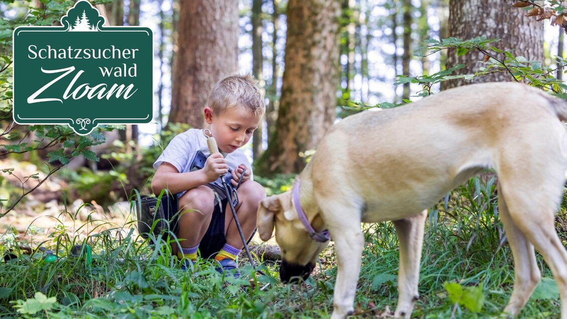 Ein Junge erkundet den Wald mit einem Hund. Sie suchen gemeinsam nach Schätzen in der Natur. | © www.zloam.at