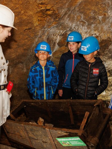 A group of children with blue helmets is standing in a cave and listening to an instruction. A person in white clothing is pointing at an old wooden frame. | © Anita Fössl