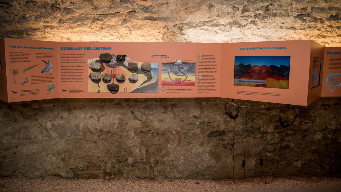 Eine informative Ausstellung mit orangefarbenen Tafeln, die verschiedene Steine und geologische Informationen zeigen. Im Hintergrund ist eine Steinwand zu sehen. | © Anita Fössl