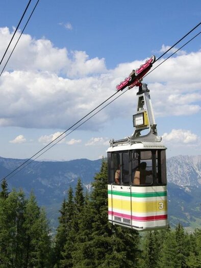 A cable car glides over green trees and mountains under a blue sky. The surrounding landscape is picturesque and inviting. | © Verein Schaferlebnis am Hauser Kaibling