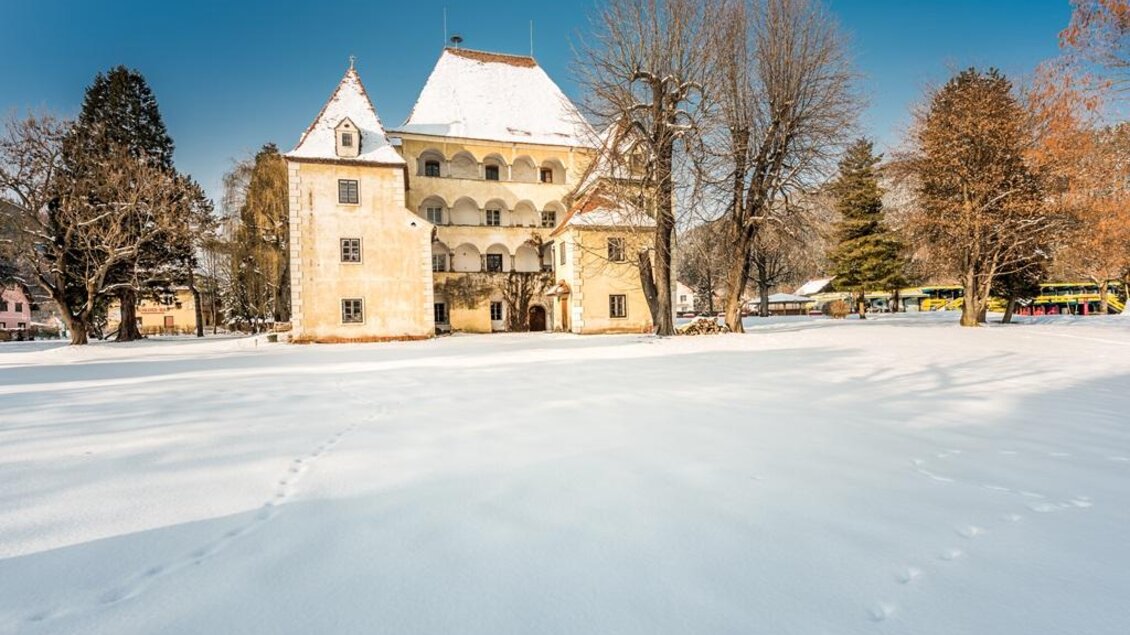 Ein wunderschönes Schloss im Schnee, umgeben von winterlicher Landschaft. Die Bäume sind kahl, und der Himmel ist klar und blau. | © Die Abbilderei