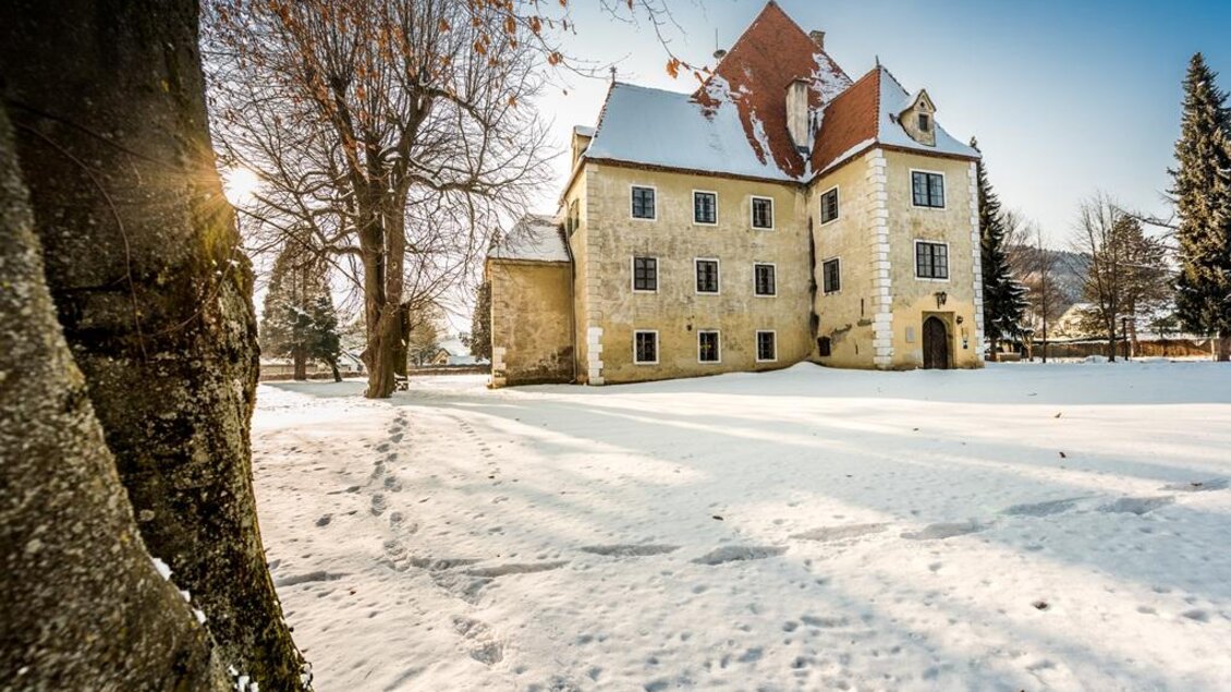 Ein historisches Schloss umgeben von Schnee und Bäumen. Die winterliche Landschaft strahlt Ruhe und Schönheit aus. | © Die Abbilderei