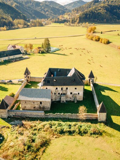 Eine alte Burg umgeben von grünen Wiesen und sanften Hügeln. Im Hintergrund sind die Berge sichtbar und der Himmel ist klar. | © Karl Steinergger