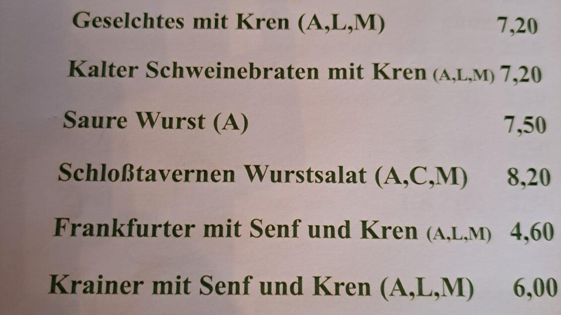 Eine Speisekarte mit verschiedenen Fleischgerichten und Beilagen. Die Preise sind klar neben den jeweiligen Speisen angegeben. | © Schlosstaverne